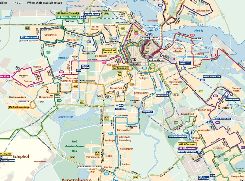Mapa de líneas de autobuses nocturnos en Ámsterdam