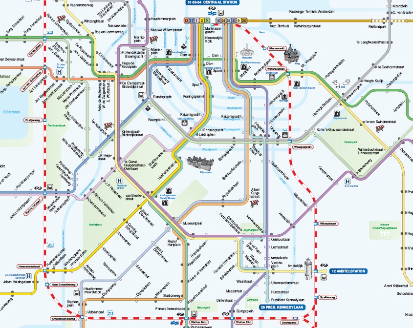 Mapa de la red de tranvía y metro en Ámsterdam